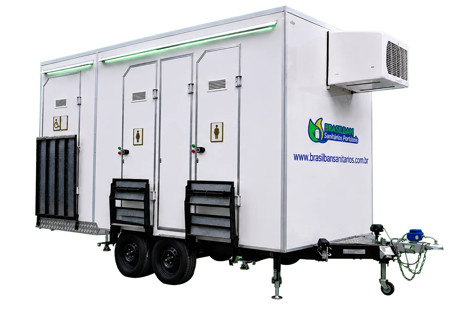 Trailer sanitário VIP da BrasilBan para aluguel em eventos, com cabines individuais e climatização