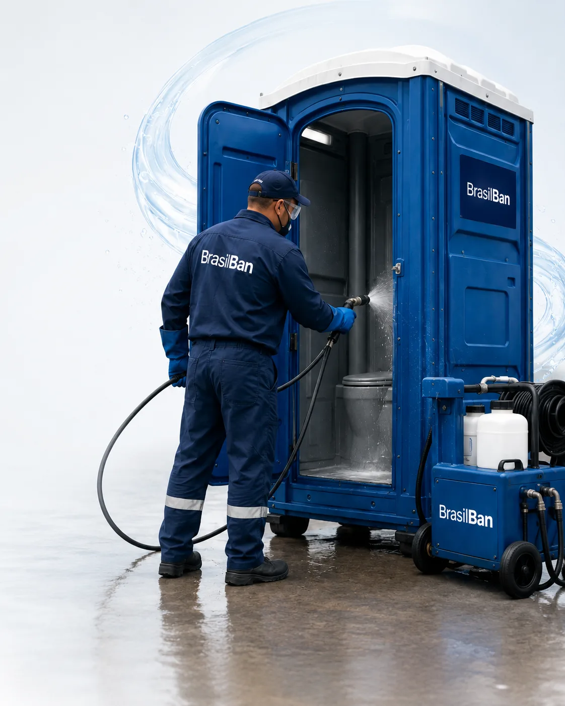 Profissional da BrasilBan higienizando banheiro químico em obra